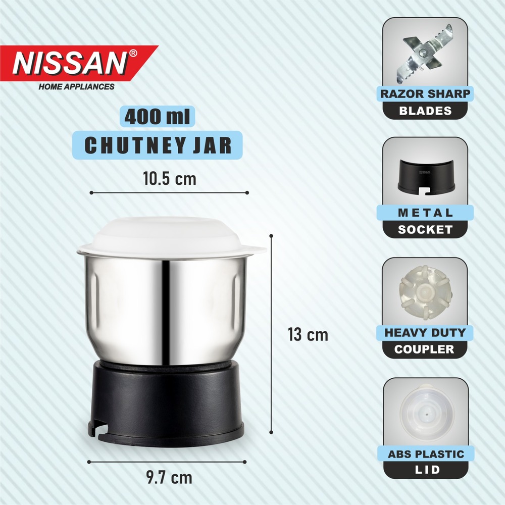 NISSAN HOME APPLIANCES 400ML Stainless Steel Juicer Mixer Grinder Jar | Heavy Duty Replacement Mixie Jar for Grinding, Blending & Chutney Making | Compatible with Most Mixer Grinders | Food-Grade Steel Body